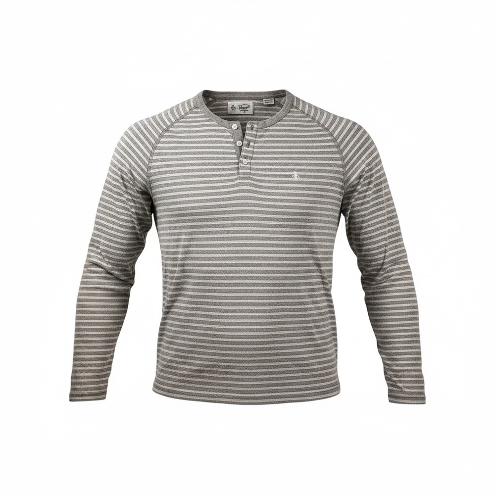 Original Penguin Mens XXL Brown Striped Long‎ Sleeve Henley Shirt Raglan Tee